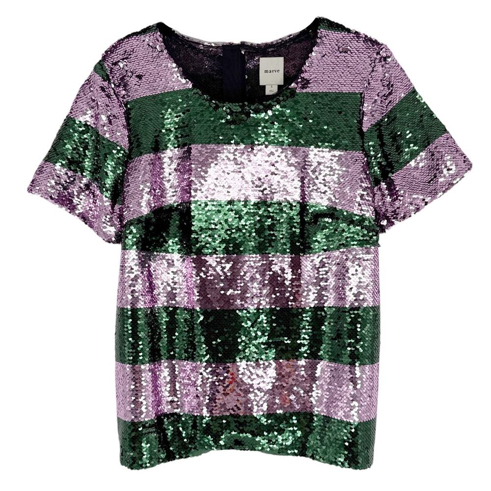 ANTHROPOLOGIE Maeve Short-Sleeve Sequin Striped Top S